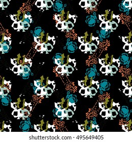 Seamless flower pattern with green, blue, orange and white elements on black background