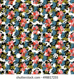 Seamless flower pattern with green, grey, pink and black elements