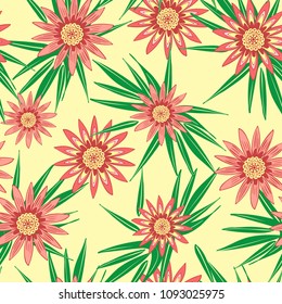 Seamless Flower Pattern with Green Leaves. Beautiful Stylized Gerbera or Daisy. Vector Flowers in Vintage Style. African Camomile. Seamless Red Flowers for Fashion Printing, Textile, Fabric, Paper.