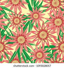 Seamless Flower Pattern with Green Leaves. Beautiful Stylized Gerbera or Daisy. Vector Flowers in Vintage Style. African Camomile. Seamless Red Flowers for Fashion Printing, Textile, Fabric, Paper.