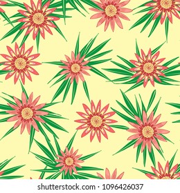 Seamless Flower Pattern with Green Leaves. Beautiful Stylized Gerbera or Daisy. Vector Flowers in Vintage Style. African Camomile. Seamless Red Flowers for Fashion Printing, Textile, Fabric, Paper.