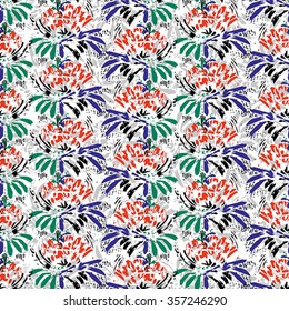 Seamless flower pattern with green, lilac, red and grey elements