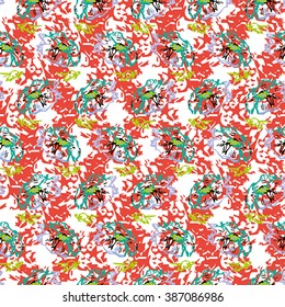 Seamless flower pattern with green, lilac and white elements on red background