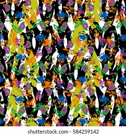 Seamless flower pattern with green, lilac, orange, yellow and black elements