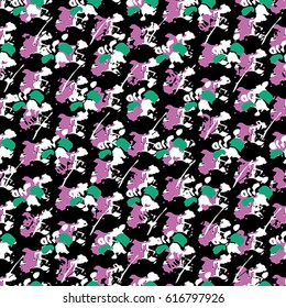 Seamless flower pattern with green, lilac and white elements on black background
