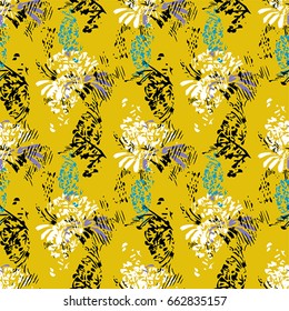 Seamless flower pattern with green, lilac, black and white elements on yellow background