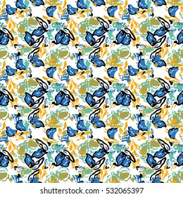 Seamless flower pattern with green, orange, blue and black elements