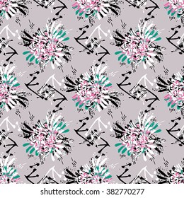 Seamless flower pattern with green, pink, black and white elements on grey background