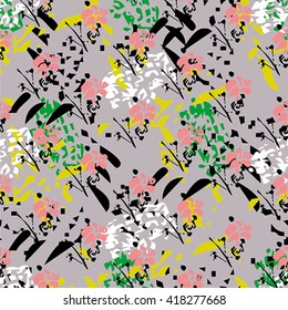 Seamless flower pattern with green, pink, yellow, black and white elements on grey background