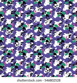 Seamless flower pattern with green, pink, black and white elements on lilac background