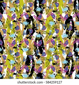 Seamless flower pattern with green, pink, yellow, blue and black elements