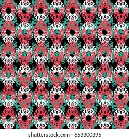 Seamless flower pattern with green, pink and white elements on black background