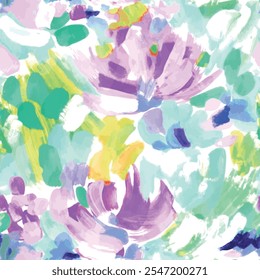 Seamless flower pattern with green, purple and yellow hand drawn art abstract brush drawing and leaf background elements