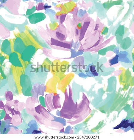 Seamless flower pattern with green, purple and yellow hand drawn art abstract brush drawing and leaf background elements