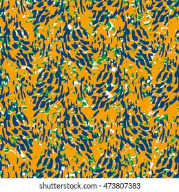 Seamless flower pattern with green and violet elements on yellow background