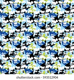 Seamless flower pattern with green, violet, blue and white elements on black background