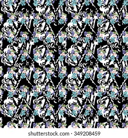 Seamless flower pattern with green, white and blue elements on black background