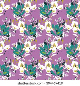 Seamless flower pattern with green, white and yellow elements on lilac background
