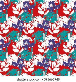 Seamless flower pattern with green, white and lilac elements on red background