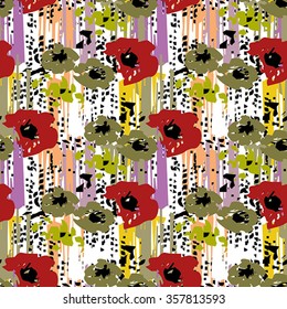 Seamless flower pattern with green, yellow, red and black elements