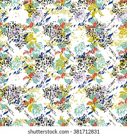 Seamless flower pattern with green, yellow, red and black elements on white background