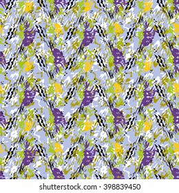Seamless flower pattern with green, yellow, lilac and white elements on lilac background