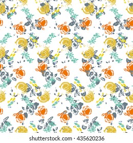 Seamless flower pattern with green, yellow, orange and grey elements