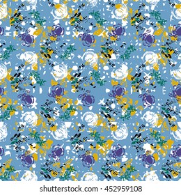 Seamless flower pattern with green, yellow, lilac and white elements on blue background