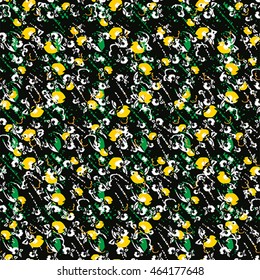 Seamless flower pattern with green, yellow and white elements on black background