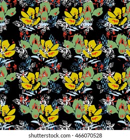 Seamless flower pattern with green, yellow, pink, blue and white elements on black background