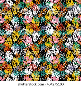 Seamless flower pattern with green, yellow, pink and white elements on black background