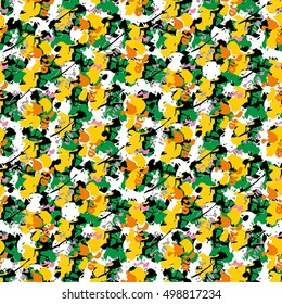 Seamless flower pattern with green, yellow, pink, orange and black elements