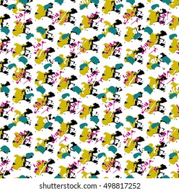 Seamless flower pattern with green, yellow, lilac and black elements