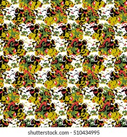 Seamless flower pattern with green, yellow, orange and black elements on white background