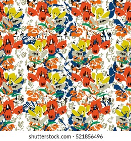 Seamless flower pattern with green, yellow, orange, violet elements