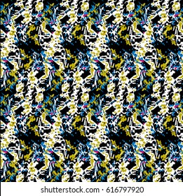 Seamless flower pattern with green, yellow, blue and white elements on black background
