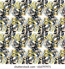Seamless flower pattern with green, yellow and black elements on white background