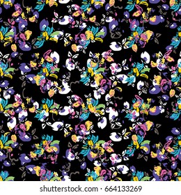 Seamless flower pattern with green, yellow, pink, lilac, blue and white elements on black background 