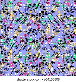 Seamless flower pattern with green, yellow, pink, black and white elements on lilac background 