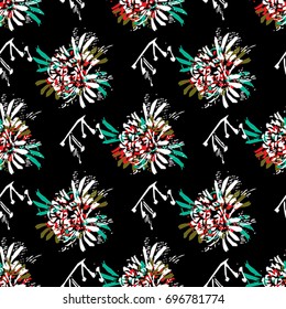 Seamless flower pattern with green, yellow, red and white elements on black background 