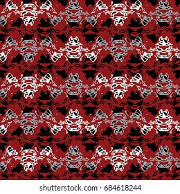 Seamless flower pattern with grey, black and white elements on red background 