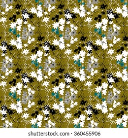 Seamless flower pattern with grey, green, white and black elements on khaki background