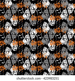 Seamless flower pattern with grey, orange and white elements on black background