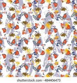 Seamless flower pattern with grey, yellow, orange and violet elements 