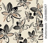 Seamless flower pattern with hand drawn art abstract autumn leaves and floral background elements in brown and black colors
