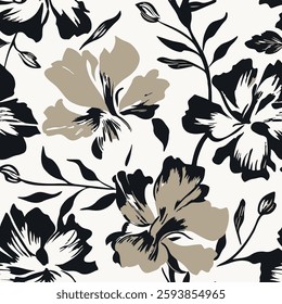 Seamless flower pattern with hand drawn art abstract floral and leaf background elements isolated in black and brown colors. Flower garden pattern design vector