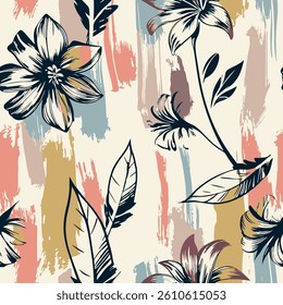 Seamless flower pattern with hand drawn art abstract leaf and brush background elements in blue, pink, brown and black color