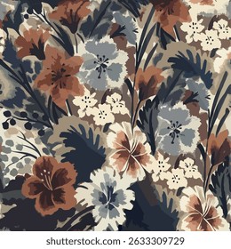 Seamless flower pattern with hand drawn art abstract autumn floral and leaf background elements in brown, black and gray colors