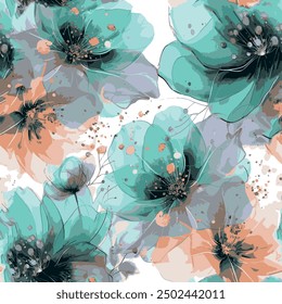 Seamless flower pattern with isolated abstract art floral and leaf background elements in green, orange and black colors