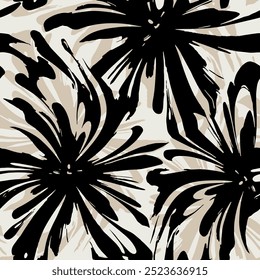 Seamless flower pattern with isolated abstract hand drawn art brush background elements in black and brown colors